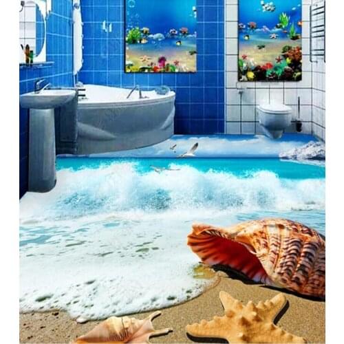 PVC Sea wave, shells, beach natural landscape non-slip waterproof self-adhesive 3D floor sticker tiles bathroom 3D wallpaper