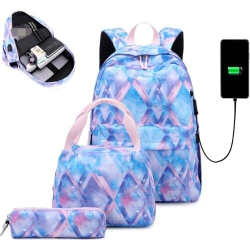 3pcs/set USB Backpack for Girls Multifunctional Portfolio to School Tie Dye School Backpack Waterproof Pencil Cases Suit M129