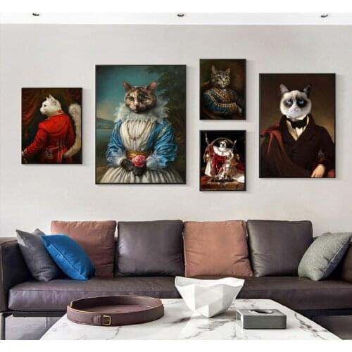 Retro Animals Cat Dog Portrait Canvas Painting on The Wall Posters and Prints Nordic Wall Art Pictures for Living Room Decor