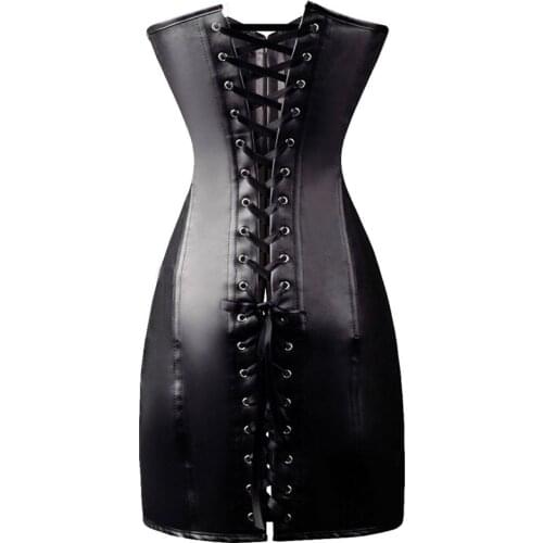 Sexy Steampunk Gothic Women Lingerie Harness Black Leather Long Corset Dress Latex Bodysuit Bandage Bodycon Clubwear Outfits