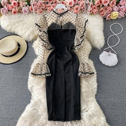 Sexy Lady Slim Body Black Dresses Autumn Women Mesh Sleeve Ruffles Dresses Elegant Women Ruffles Lace Black Party Dress