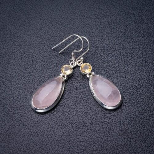 StarGems Natural Rose Quartz And Citrine Handmade 925 Sterling Silver Earrings 1.75" D7640