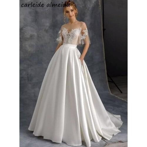 A-Line Tulle & Satin Flare Sleeve Boho Wedding Dress with Pocket Simple Bride Dress Customized Suknia slubna