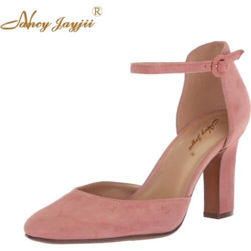 Female Shoes Woman Ladies Pumps Flock solid Pointed Toe Ankle-Wrap Buckle Super High Square heels Mature Fashion Elegant 2019