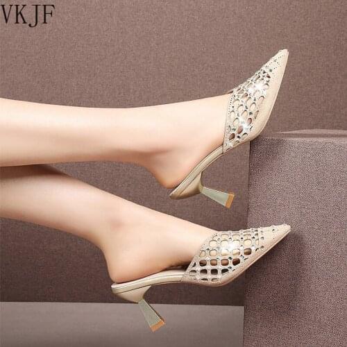 Pointed Toe Half Slippers Womens Spring New Shallow Mouth Slippers Fashion High Heels Womens Thin Heel Outdoor Slippers A5