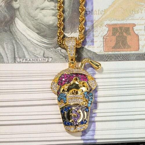 Hip Hop Micro Paved Multicolor AAA CZ Stone Bling Iced Out Cartoon Drink Cup Pendants Necklace Men Rapper Jewelry Gold Color