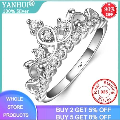 YANHUI Original 100% 925 Sterling Silver Ring Enchanted Crown Open Rings Fashion Clear Shine CZ Tiara Rings Adjustable Size R029