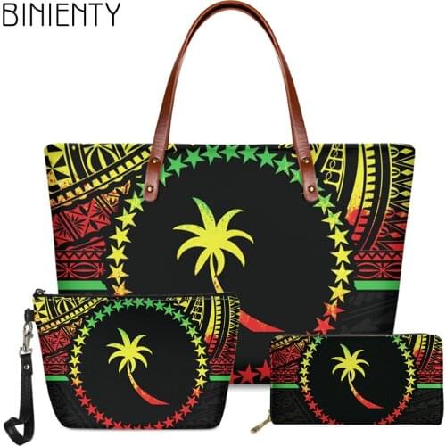 Girls Handbag 3set Micronesian Reggae Color Print Fashion Ladies Big Shoulder Bag And Pu Purse With Zipper