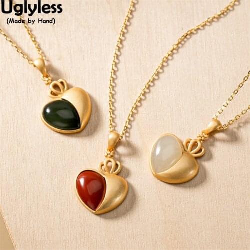 Uglyless Crowning Love Asymmetric Heart-shape Jewelry Sets for Women Nature Jade Necklaces Studs Earrings Gold 925 Silver Bijoux