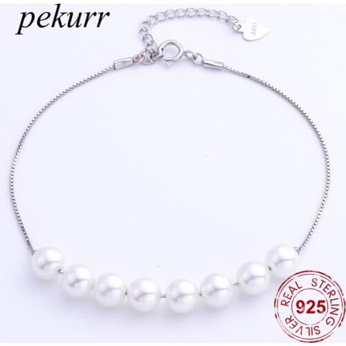 Pekurr 100% 925 Sterling Silver 6.2mm White Pearl Bracelet For Women Fine Jewelry 8 Beads Box Chain Bangles