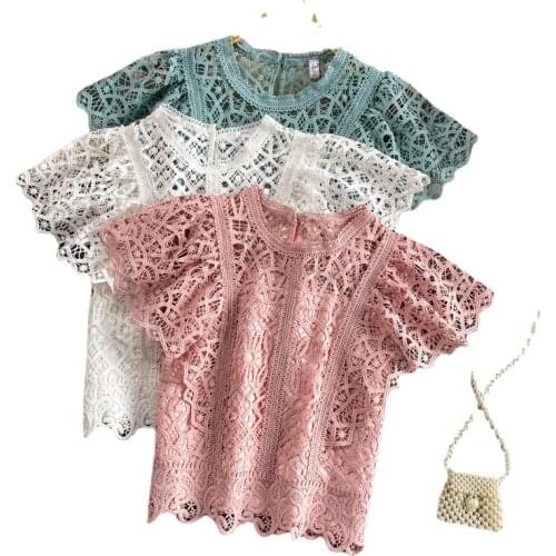 French Women High Waist Crochet Lace Shirt Summer Pink White Black slim Crop Top Hollow Out Fairy Blouse Fashion Cute Blusa