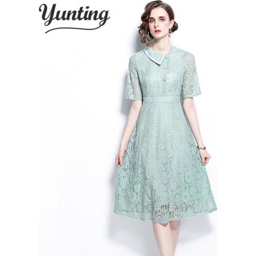2021 Summer Women Green Lace Slim Dress Female Elegant Crochet Hollow Out Casual Vestidos