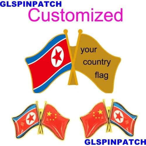 North Korea Crossed Friendship Flag Double Country lapel pin Brooch USA UK France Chile Russia Saudi Arabia Japan Spain Badge
