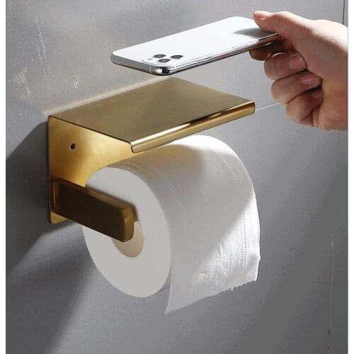 Simple Design 304 Stainless Steel Brushed Gold Toilet Paper Holder With Phone Shelf Bathroom Toilet Roll Paper Holder