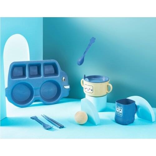 Childrens tableware set bowl spoon fork feeding training meal cartoon creative car animal anti-scalding wheat straw plate