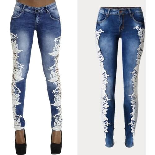 Mid-Waist Jeans With Lace Hollow Out Stitching Fashion full-Length Stretchable Tights Skinny Denim Sexy Date Femme Women Jeans