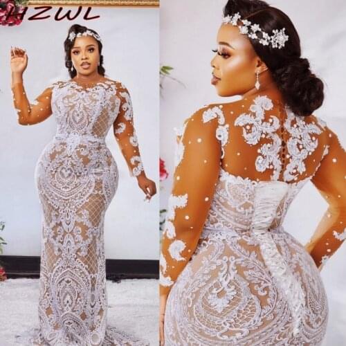 Plus Size Arabic Lace Mermaid Wedding Dresses Sheer Neck Full Sleeves Bridal Dress Illusion Aso Ebi vestido de novia Appliques