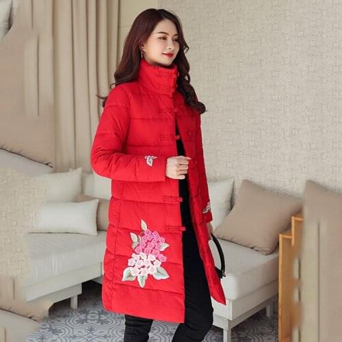Chinese Style Womens Winter Jacket Stand Collar Floral Print Thick Long Parkas Female Plus Size Loose Single Breasted Coats