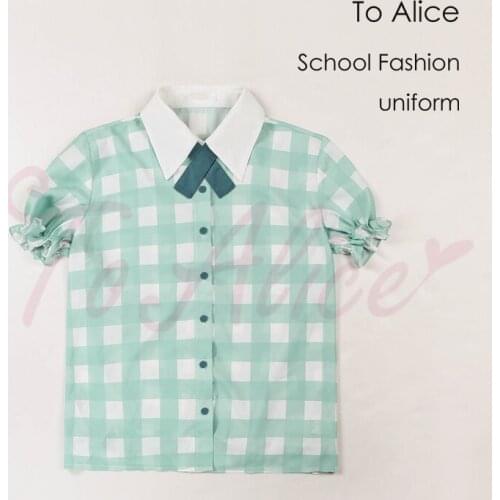 Cute Bestie Girls Peppermint Mint Green Shirt Blouse Cute Plaid Checks Puff Sleeve Summer Tops