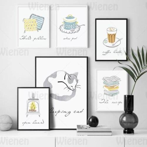 Cartoon Warm Canvas Painting Still Life Cat Coffee Cup Pot Spoon Wall Art Nordic Posters and Prints Home Decoration Wall Picture