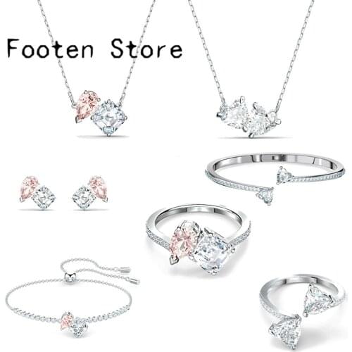 SWA Fashion Lady JewelryCharm Heart Crystal Attract Soul Pink Crystal Series Bracelet Necklace Ring Jewelry Set Banquet Jewelry