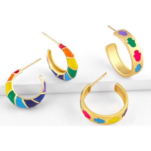 Neon Enamel Stud Earrings Thread & Palm Shape Earring Bohemia Style Copper Matel Jewelry For Women Girl Wholesale
