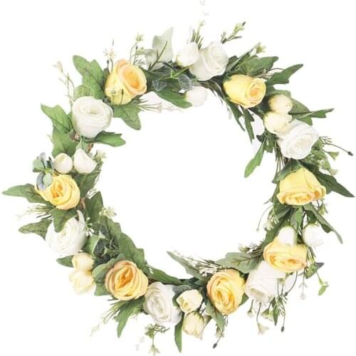 New Rose Lily Flower Wreath Door Wreath with Green Leaves for Home Front Door Hanging Wedding Wall Window Party Decoration