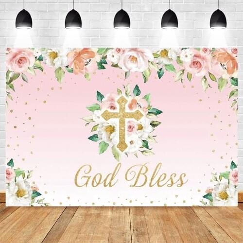 Pink Flower Cross God Bless Child Baby Baptism Birthday Backdrop Photography Background Photographic Backdrops Photozone Prop