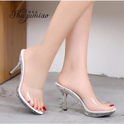 Womens Slippers OutdoorTransparent Crystal Bottom Summer Sandal 9cm Beach Salk Ladies High Heels Sexy Women Shoes Black Silver