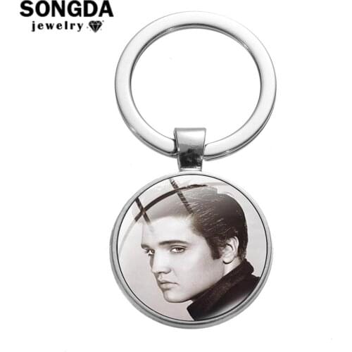 SONGDA Elvis Presley Keychain Souvenir Hanging Pendant Key Ring Vintage Style Black White Art Poster Glass Dome Alloy Key Chain