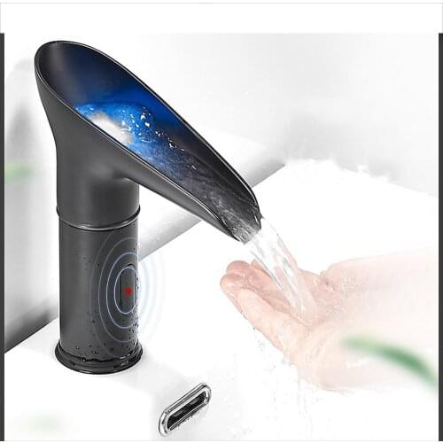 LED Waterfall Sensor Faucet Hot Cold mixed Faucet Sensor Touchless Motion Activated Automatic Faucet Bathroom Sink Tap Faucet