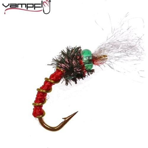 Vampfly 8PCS #14 Green Red Beadhead Chironomid Nymphs Fishing Fly Lure Midge Flies with Barbed Hook for Trout Bluegill Carp etc