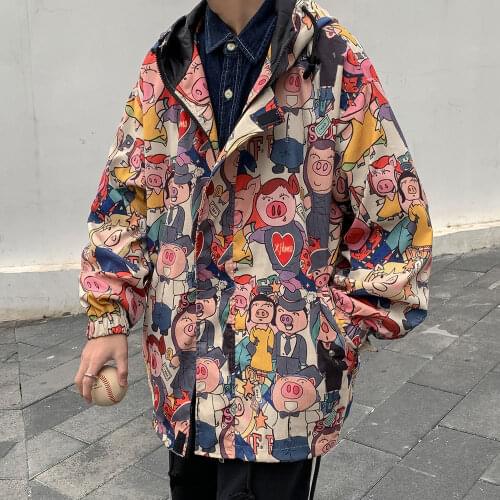 2021 New Spring Printed Cartoon Harajuku Hip Hop Loose Windbreaker Long Sleeve Zipper Brand Jacket Fashion Streetwear Clothes