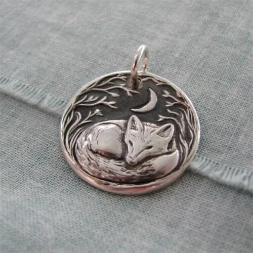 Vintage Fox Pendant Silver Color Fox and Moon Pendant Necklace Engagement Necklace Anniversary Gift