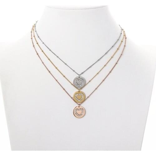 High Quality Heart Crystal Coin Necklace Stainless Steel rhinestone Heart Pendant Necklace as Mothers day Gift