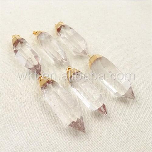 WT-P1029 Wholesale Natural crystal quartz point pendant, 24k gold color bullet shape clear crystal quartz pendant