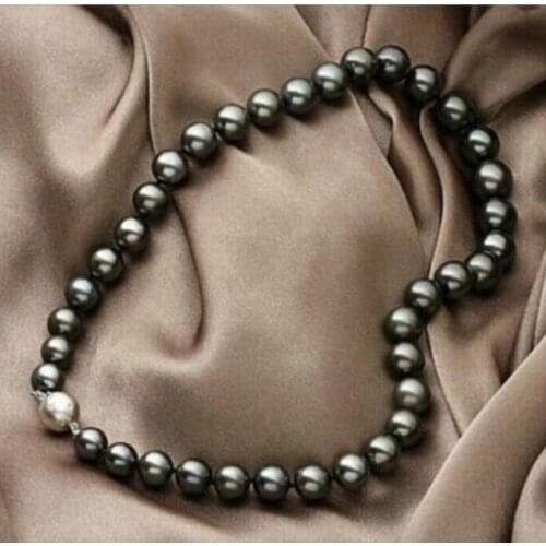 Jewelry Free Shipping 9-10mm tahitian round black pearl necklace 18inch