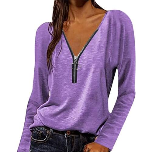 Womens Top Spring Autumn Solid Color T-Shirts Patchwork Zipper V-Neck Long Sleeve T Shirt Woman Clothing Casual Loose Y2K Tops