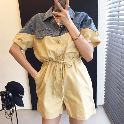 Jumpsuit Womens Summer 2021 Retro Lapel Short-sleeved Waist Denim Stitching Loose High-Waisted One-Piece Pants Shorts
