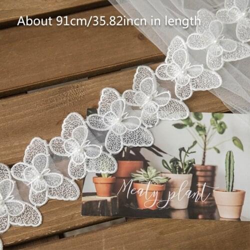 1 Yard Butterfly Embroidered Lace Trim Ribbon Pearl Beaded Applique DIY Sewing Craft Wedding Bridal Dress Decoration