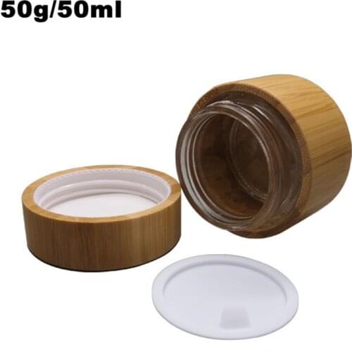 10PCS Environmental Bamboo Empty Refillable Glass Bottle Cosmetic Cream Jar Storage Bottle Container Glass Lotion Jar 50ml 50g