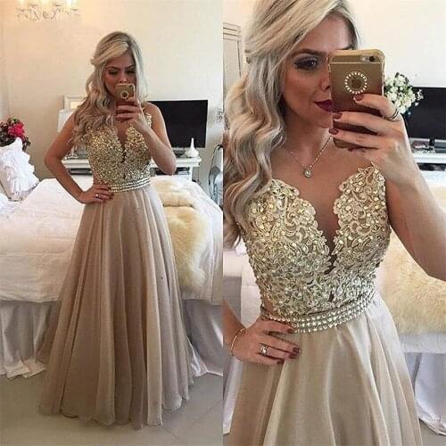 2021 Chiffon Beaded Lace Applique Long Evening Dress Sheer Back Sleeveless Formal Gown O-Neck Floor Length Prom Party Dresses