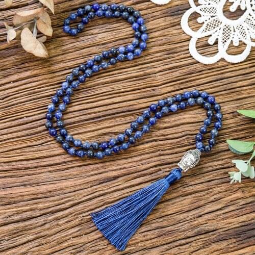 6mm Natural Blue-Vein Stone Lapis Lazuli Beaded Knotted Necklace Meditation Yoga Blessing Buddha Head Jewelry 108 Mala Rosary
