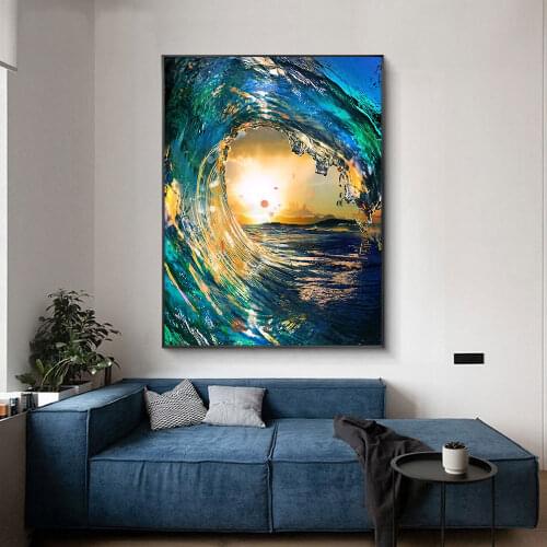 Abstract Sunset Blue Sea Wave Painting Posters and Prints Seascape Canvas Wall Art Picture For Living Room Home Decoration