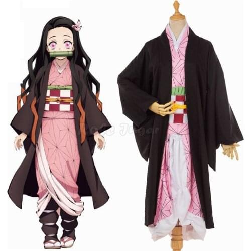 Anime Demon Slayer Kimetsu no Yaiba Kamado Nezuko Cosplay Costume Full Sets Wig Adult Kids Halloween Party Show Costumes C90C36