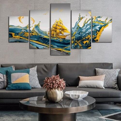 No Framed 5 Pieces Luxury Golden Ship Art Painting on Canvas Prints Modern Decorative Posters for Living Room Bedroom Home Decor