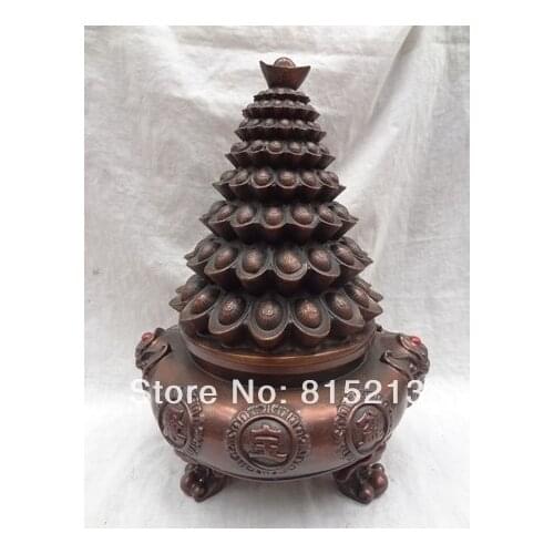 Bi00658 15" China Pure Bronze Buddhism Lion Statue Wealth YuanBao Incense Burner Censer