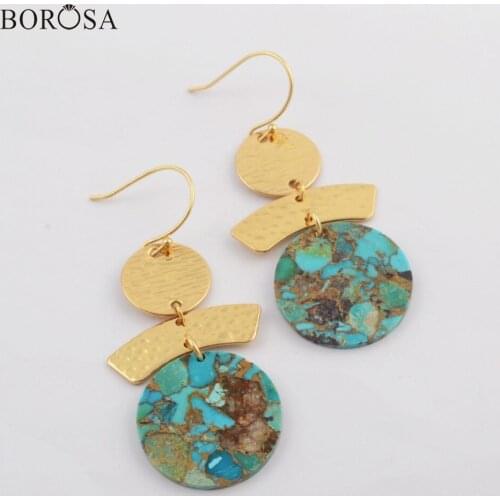 BOROSA Turquoises Earrings Jewelry 5/10Pairs High Quality Round Gild Copper Natural Howlites Dangle Earrings Summer Gems G1798