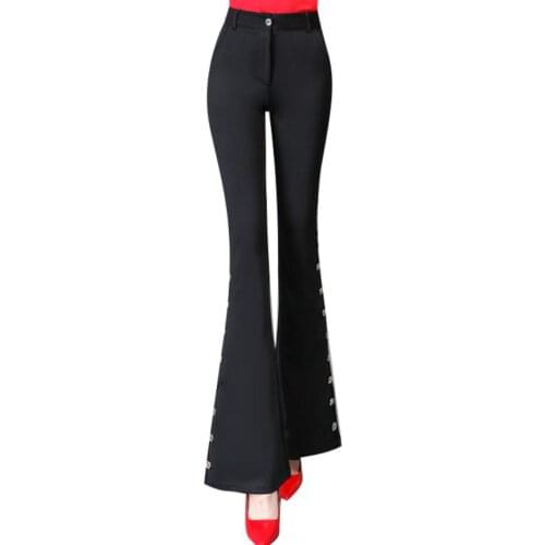 Black Elegant Office Lady Elastic Waist Flare Pants Women Casual OL Solid Button bell bottom pants 2021 Female Pants Trousers