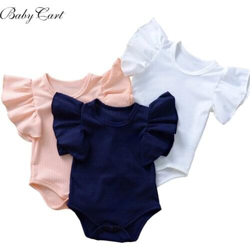 Ruffle Sleeve Baby Rompers Newborn Infant Girls Clothes Bodysuits Cotton Solid Color Baby Girl Romper